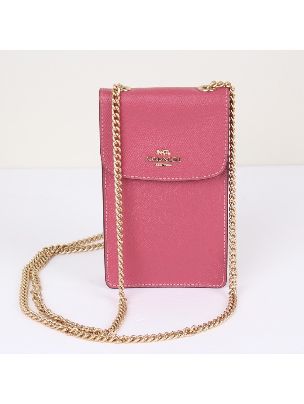 Coach F37543 Pink Leather North South Phone Crossbody Bag Gold Chain Strap